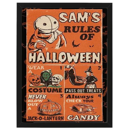 Sam's Rules of Halloween - Trick r Treat Sam - Horror Movie - Framed Art - Metal Wall Art - 20 x 25cm