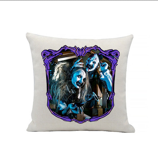 Terrifier and Little Pale Girl - Art the Clown - Horror Movie Characters - Horror Movies - Linen Cushion - 40 x 40cm